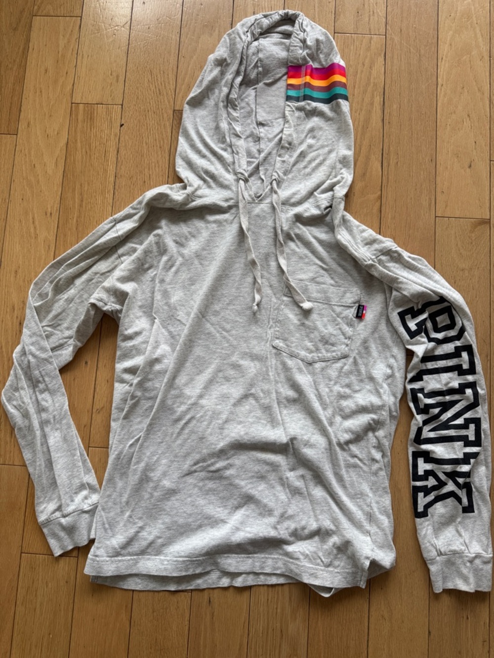 PINK Victoria's Secret Light Gray Hoodie Tee with Rainbow Sleeve Stripes